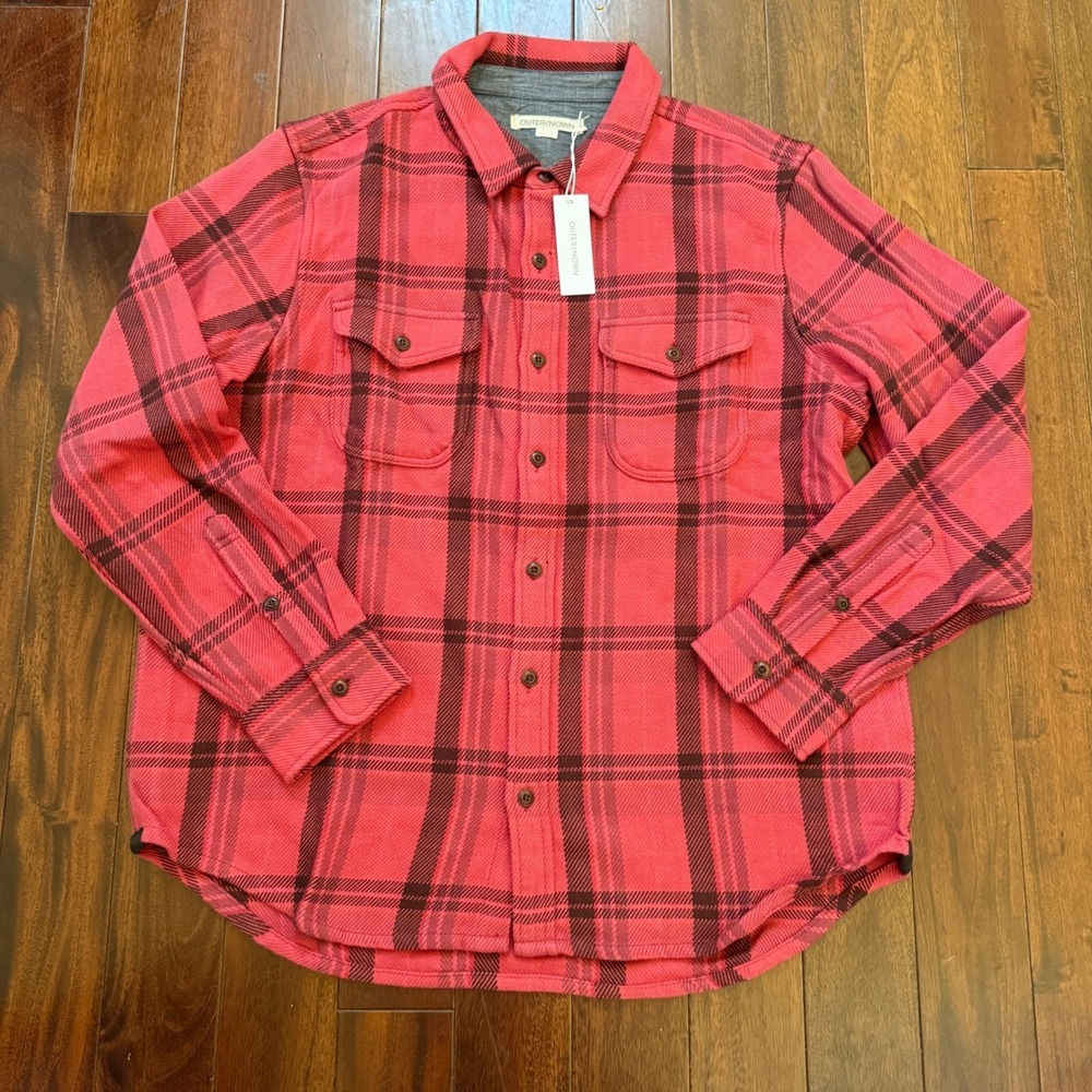 Outerknown Blanket Shirt L Red Black Plaid Organic Cotton Flannel Button Up